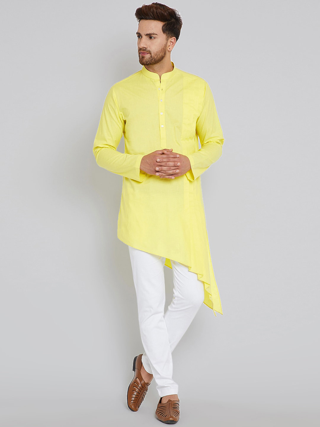 

See Designs Men Yellow Thread Work Asymmetric Kurta