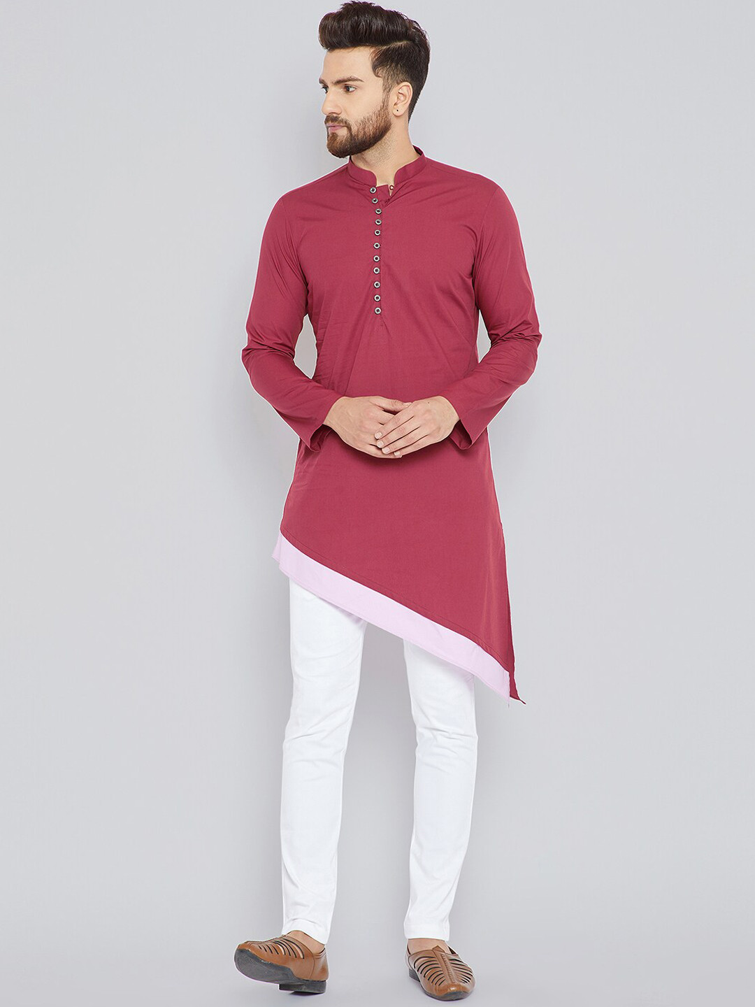 

See Designs Men Maroon Thread Work Asymmetric Kurta