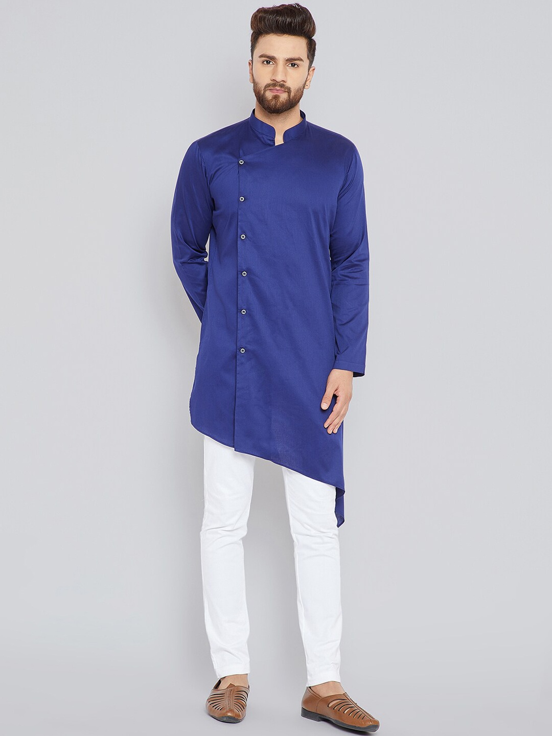 

See Designs Men Blue Colourblocked Thread Work Asymmetric Kurta