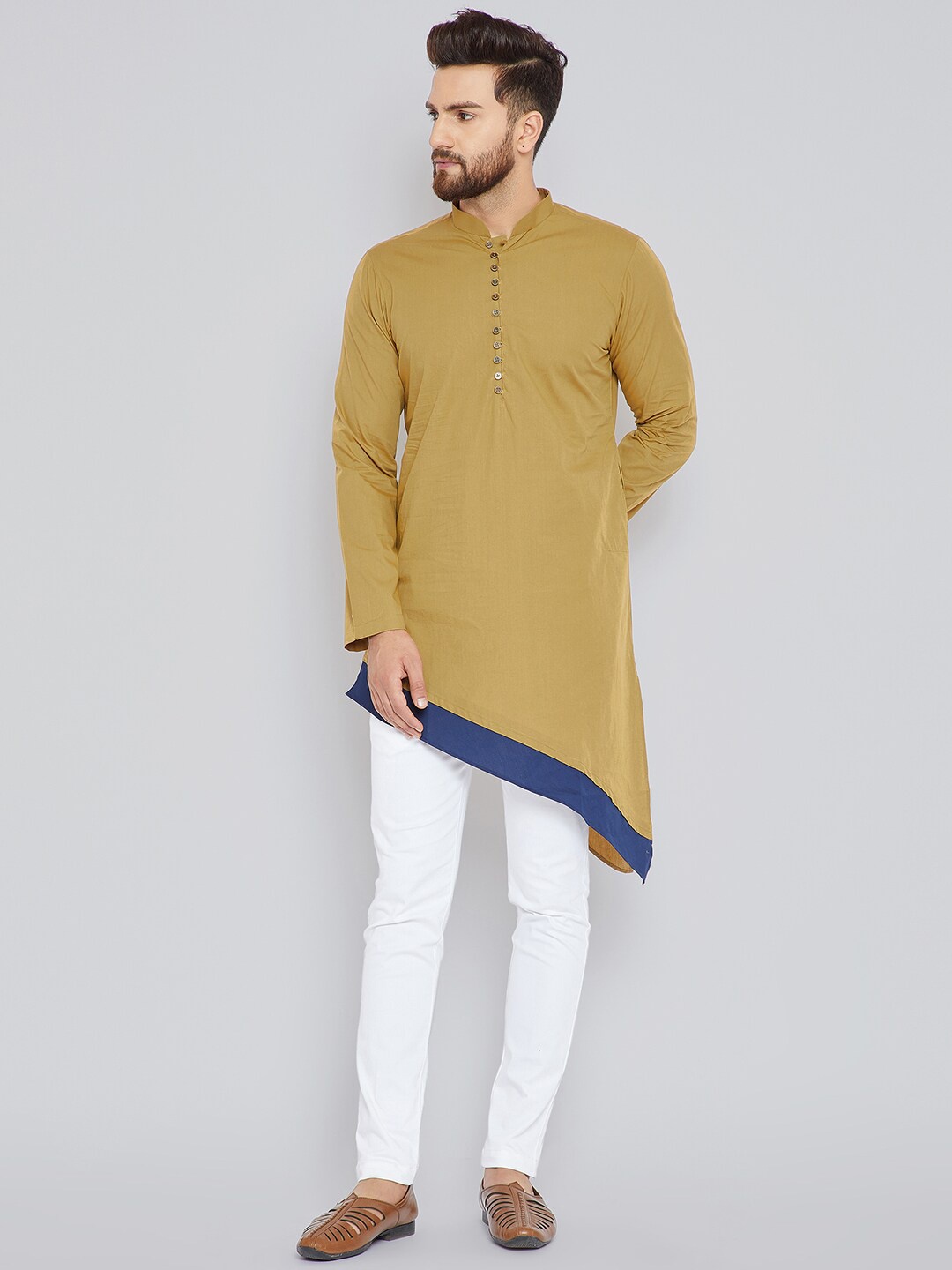 

See Designs Men Khaki Brown Asymmetric Pure Cotton Kurta
