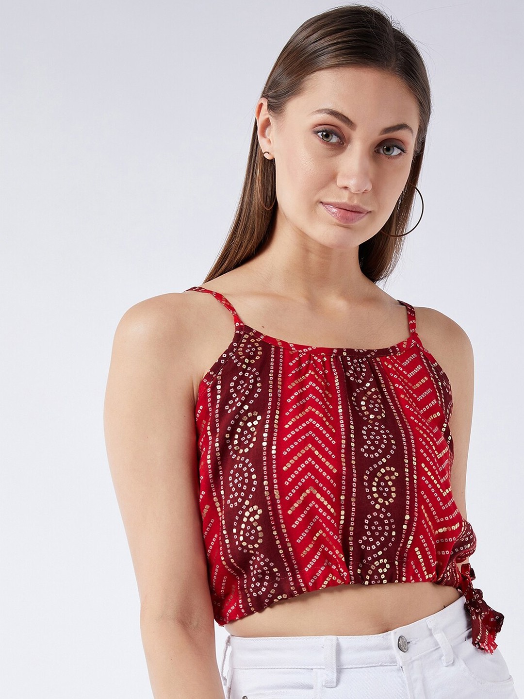 

InWeave Red & Gold-Toned Bandhani Printed Crop Top