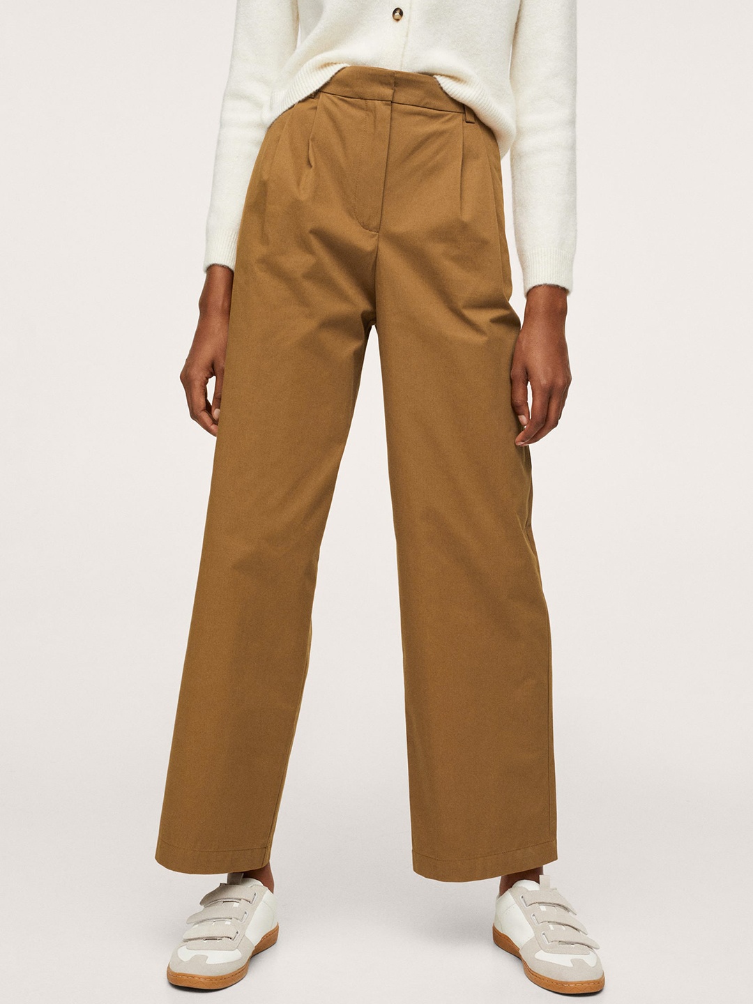 

MANGO Women Brown Solid Pleated Parallel Trousers