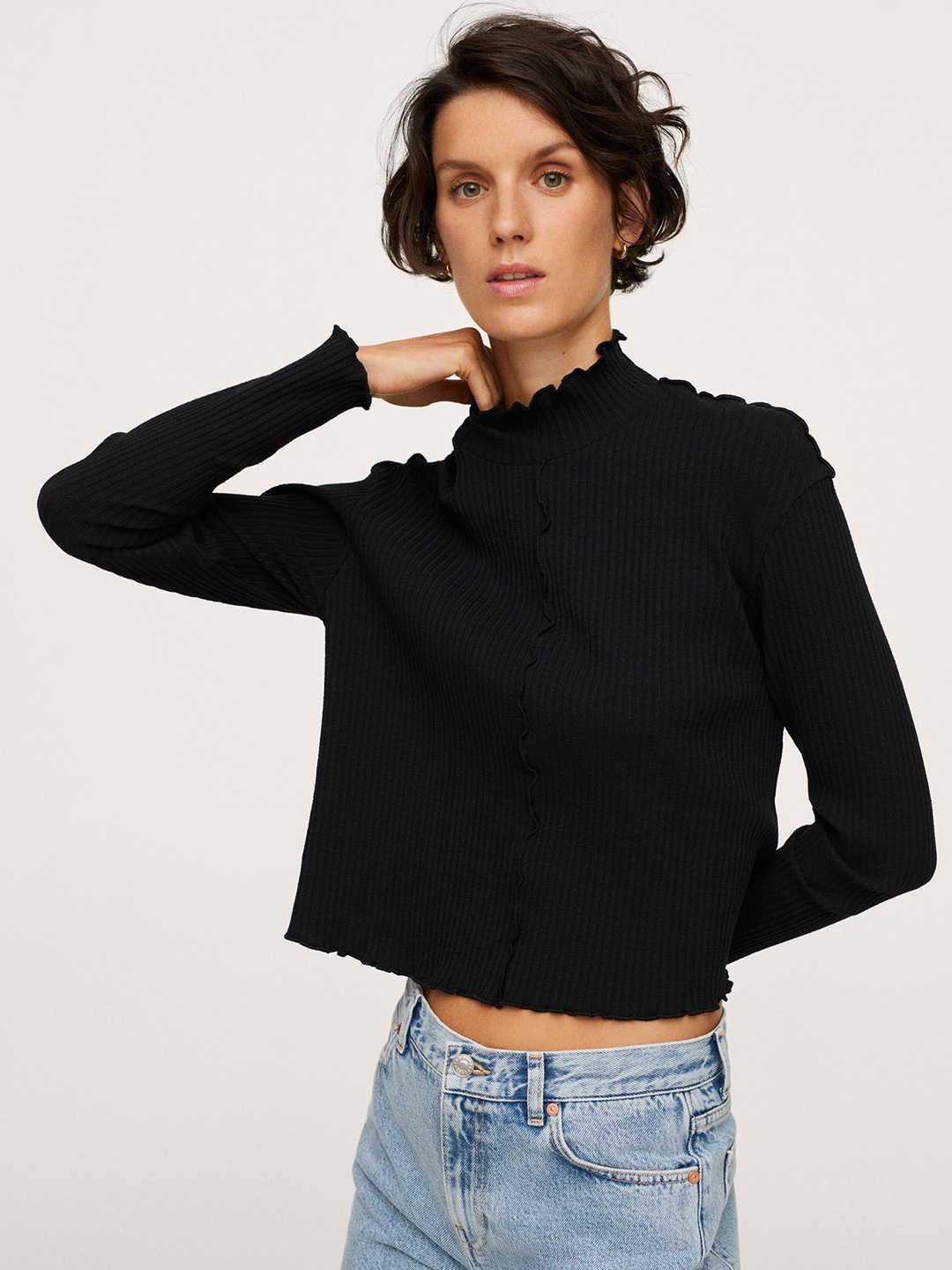

MANGO Women Black Solid Turtle Neck Crop T-shirt