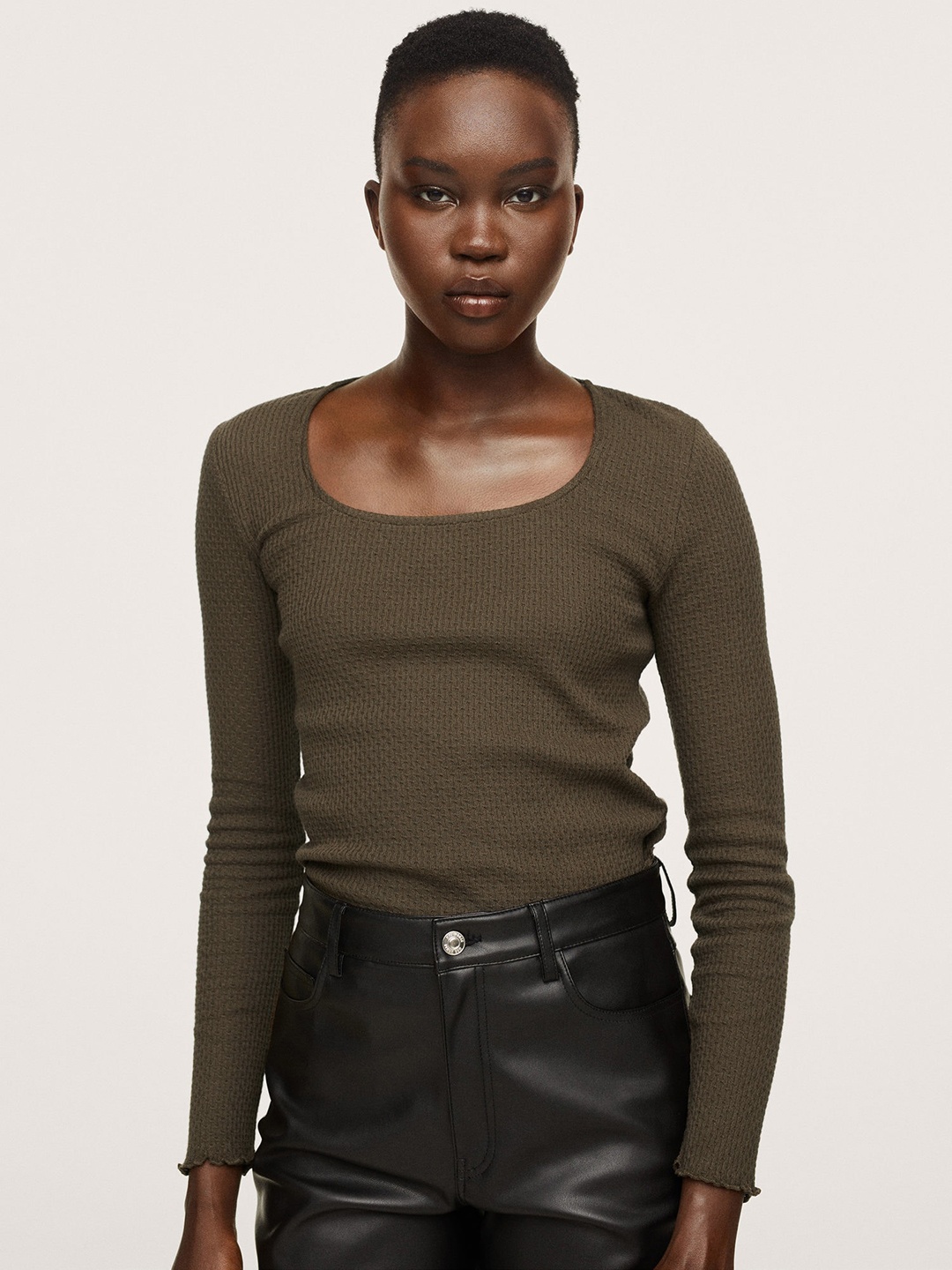 

MANGO Olive Green Pure Cotton Self-Design Regular Top
