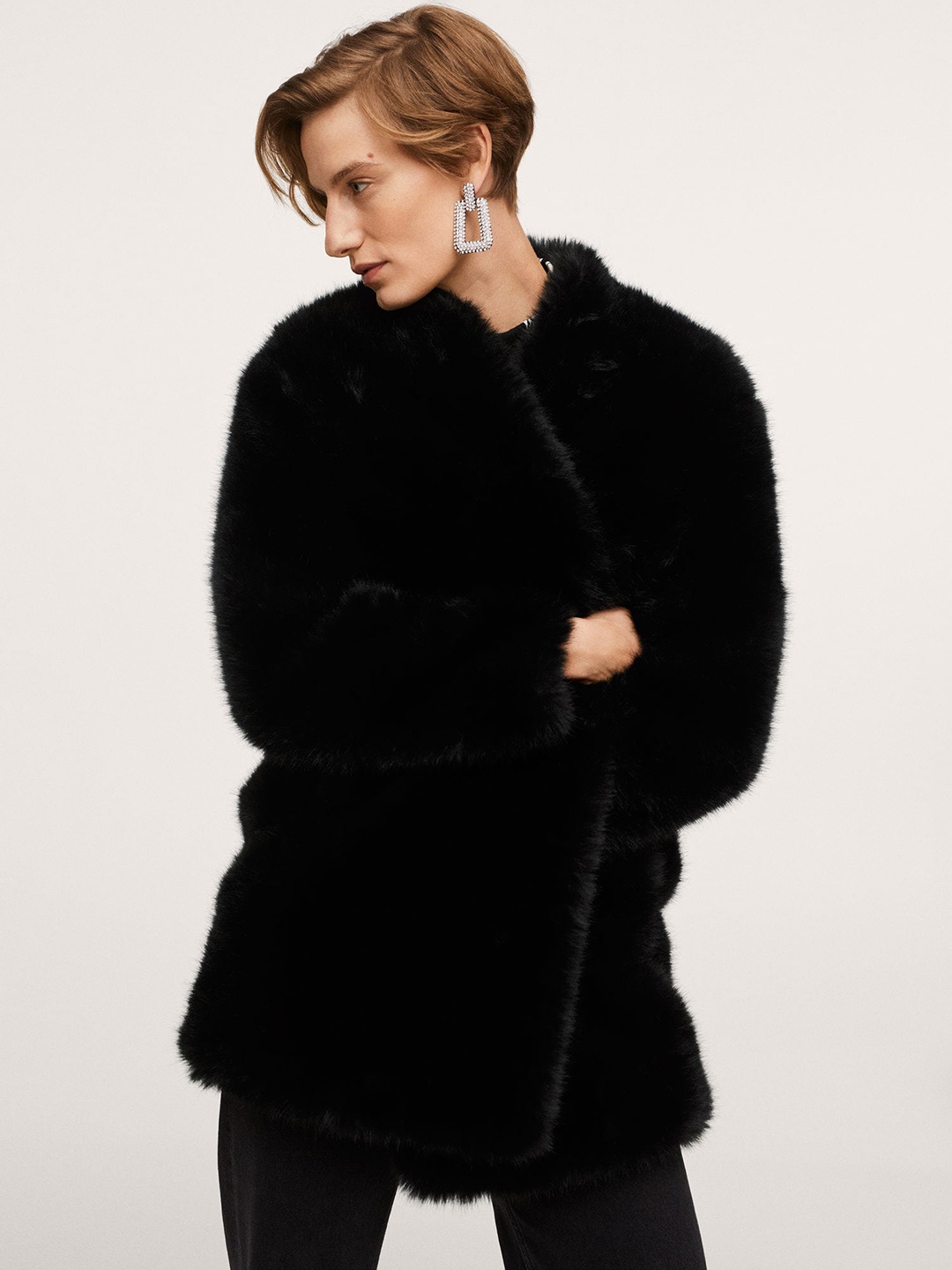 

MANGO Women Black CRUELA Open Front Hip Length Overcoat