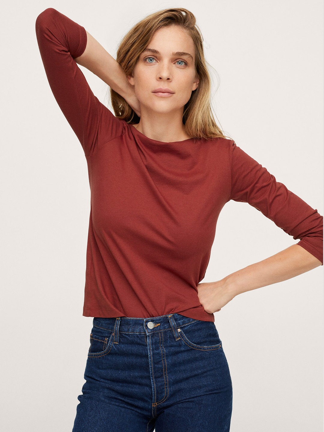 

MANGO Women Maroon Solid Boat-Neck Pure Cotton T-shirt