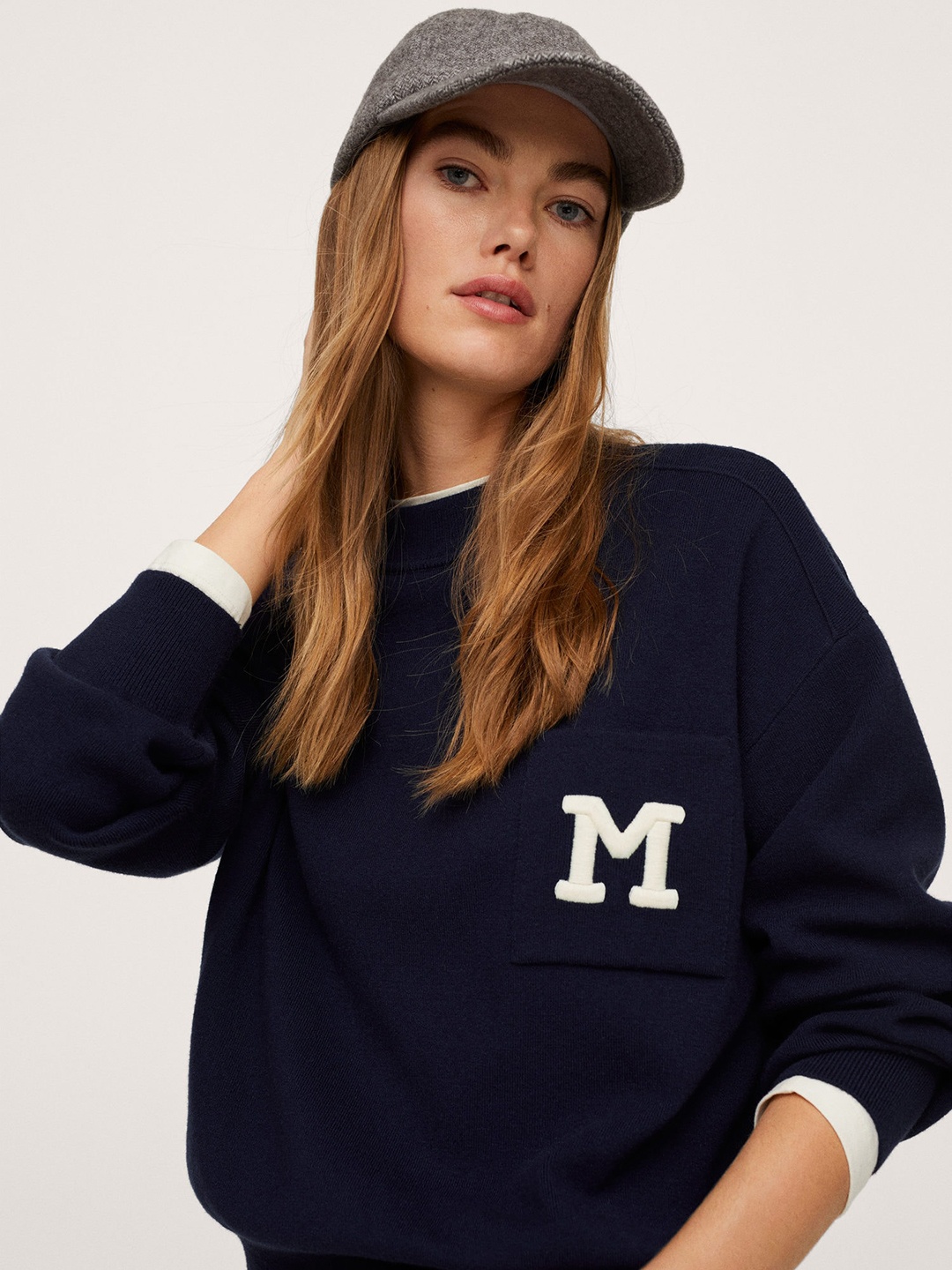 

MANGO Women Navy Blue Pocket Embroidered Pullover Sweater