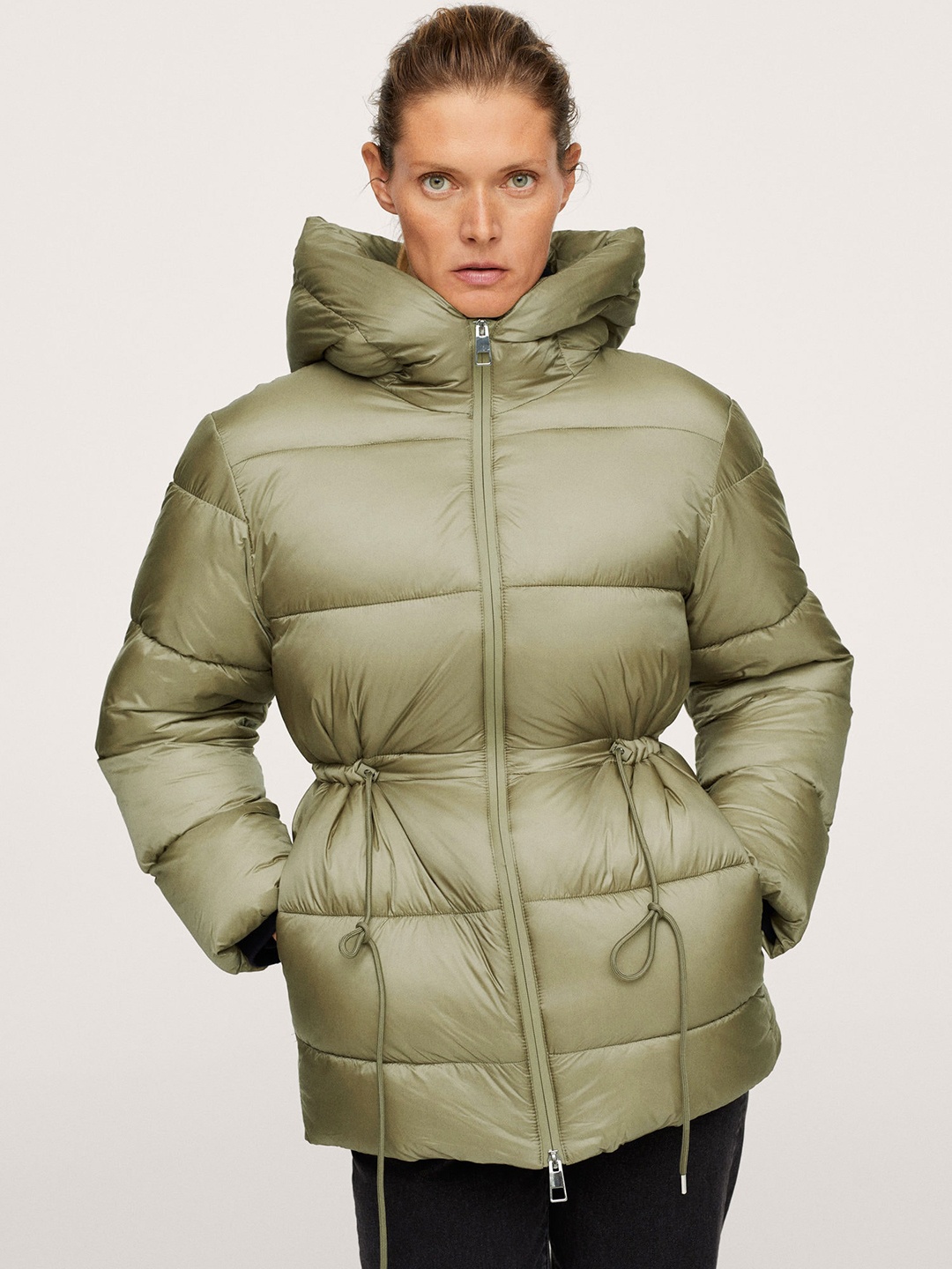 

MANGO Women Olive Green Longline ANORAK NEPAL Hooded Padded Jacket