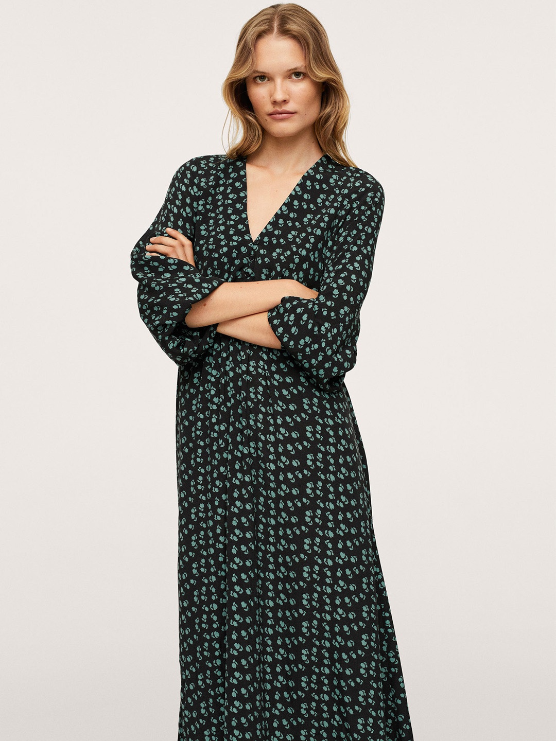 

MANGO Women Black & Green Floral A-Line Midi Dress