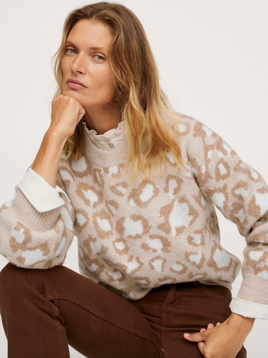 

MANGO Women Beige & Brown Animal Print Pullover