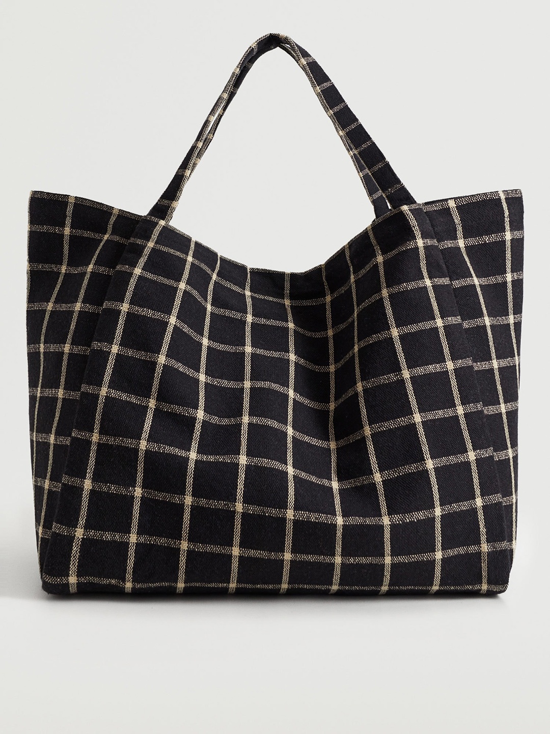 

MANGO Black & Off-White Checked Tote Bag
