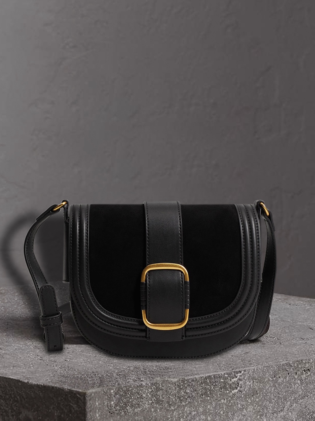 

MANGO Black Solid Suede Finish Buckle Detail Half Moon Sling Bag