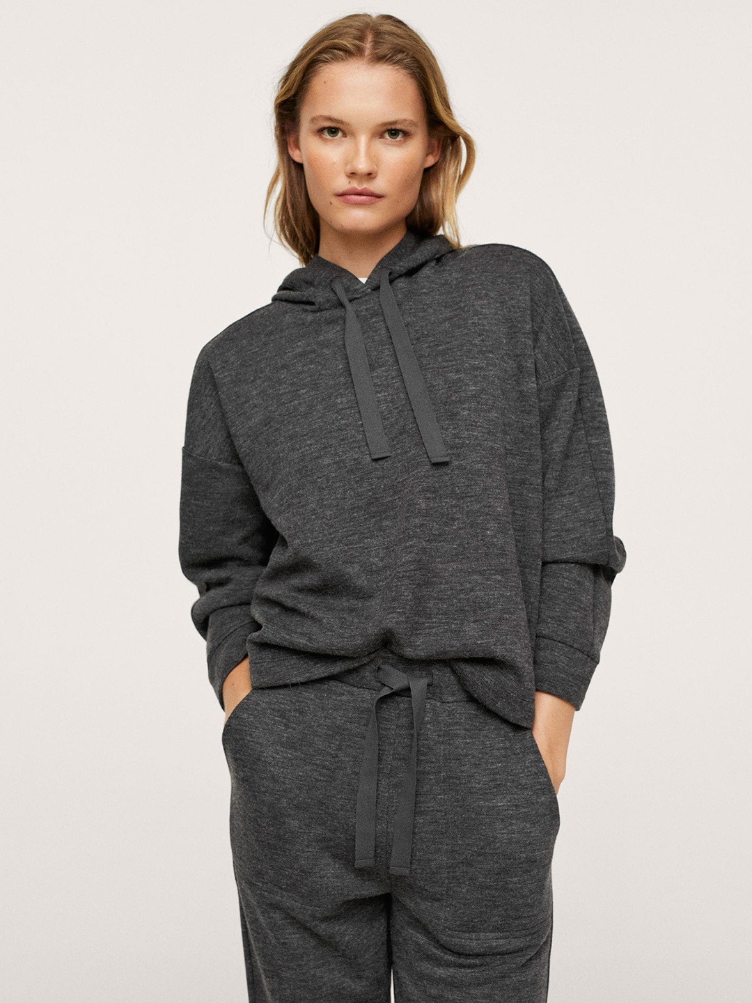 

MANGO Women Charcoal Grey Solid Hooded Sweatshirt With Melange Effect
