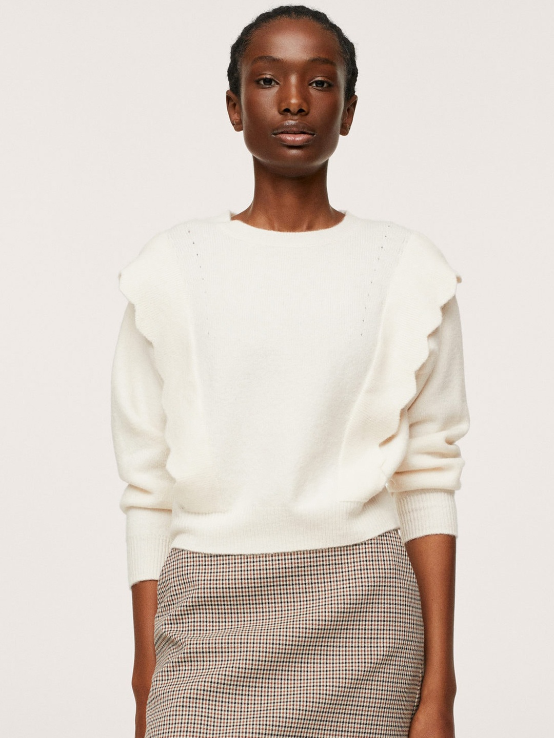 

MANGO Women Off White Ruffle Detailed Pullover