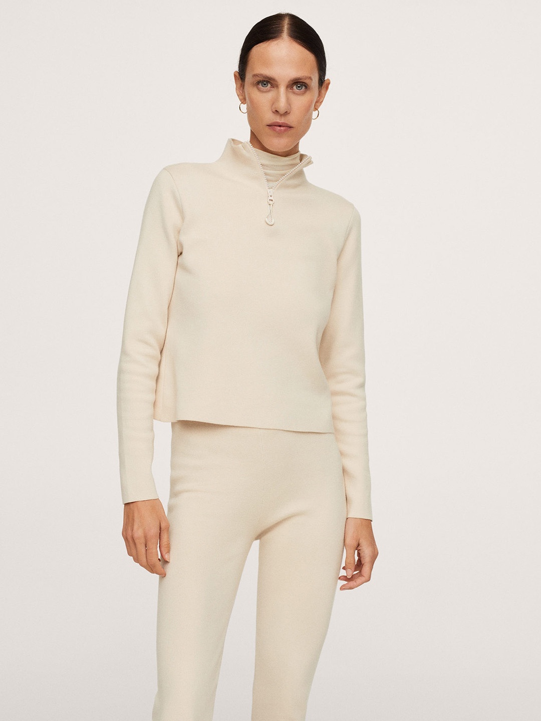 

MANGO Women Cream-Coloured Solid Pullover Sweater