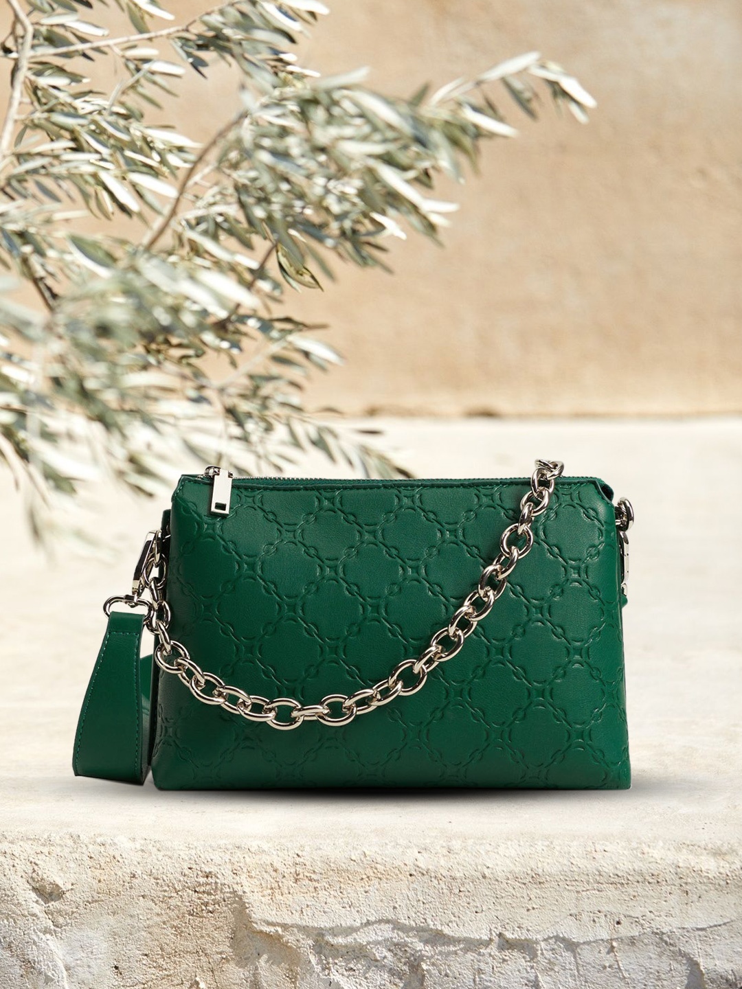 

MANGO Women Green Geometric Textured Structured Sling Bag