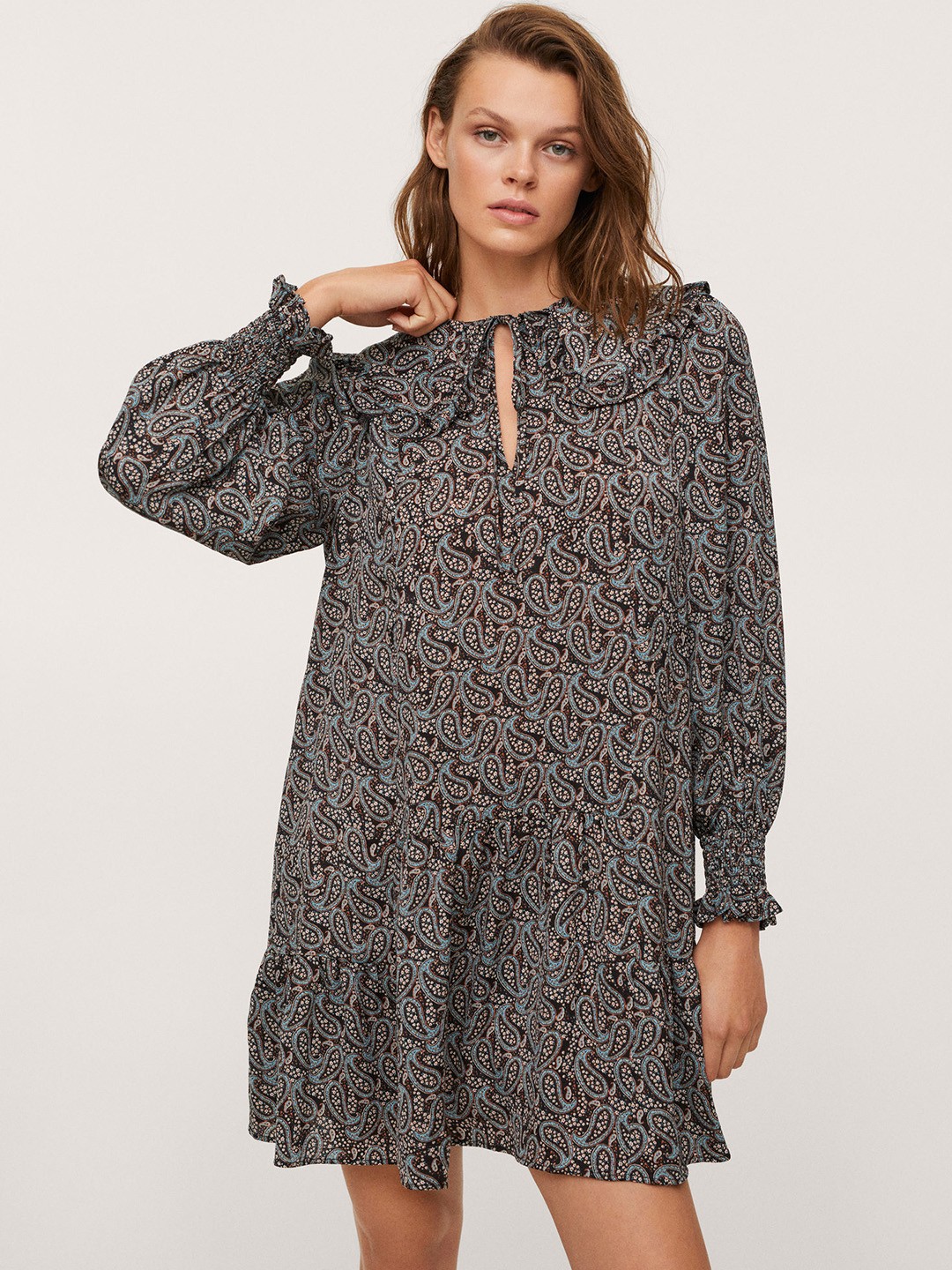 

MANGO Black & Blue Ethnic Motifs Tie-Up Neck Drop-Waist Dress