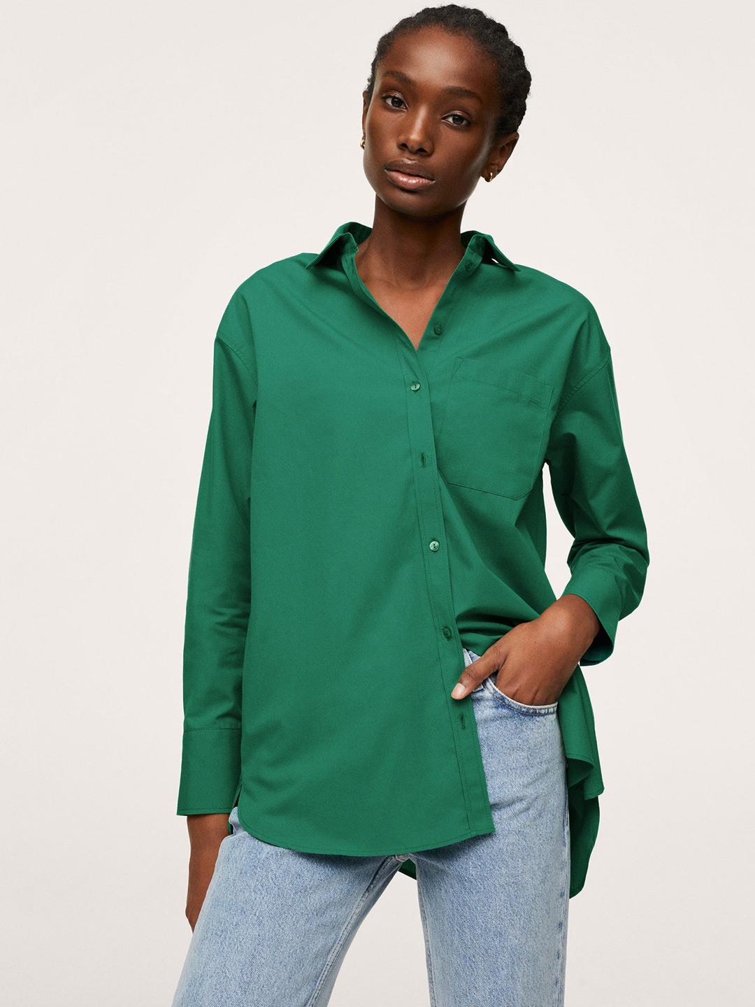 

MANGO Women Green Solid Pure Cotton Casual Shirt