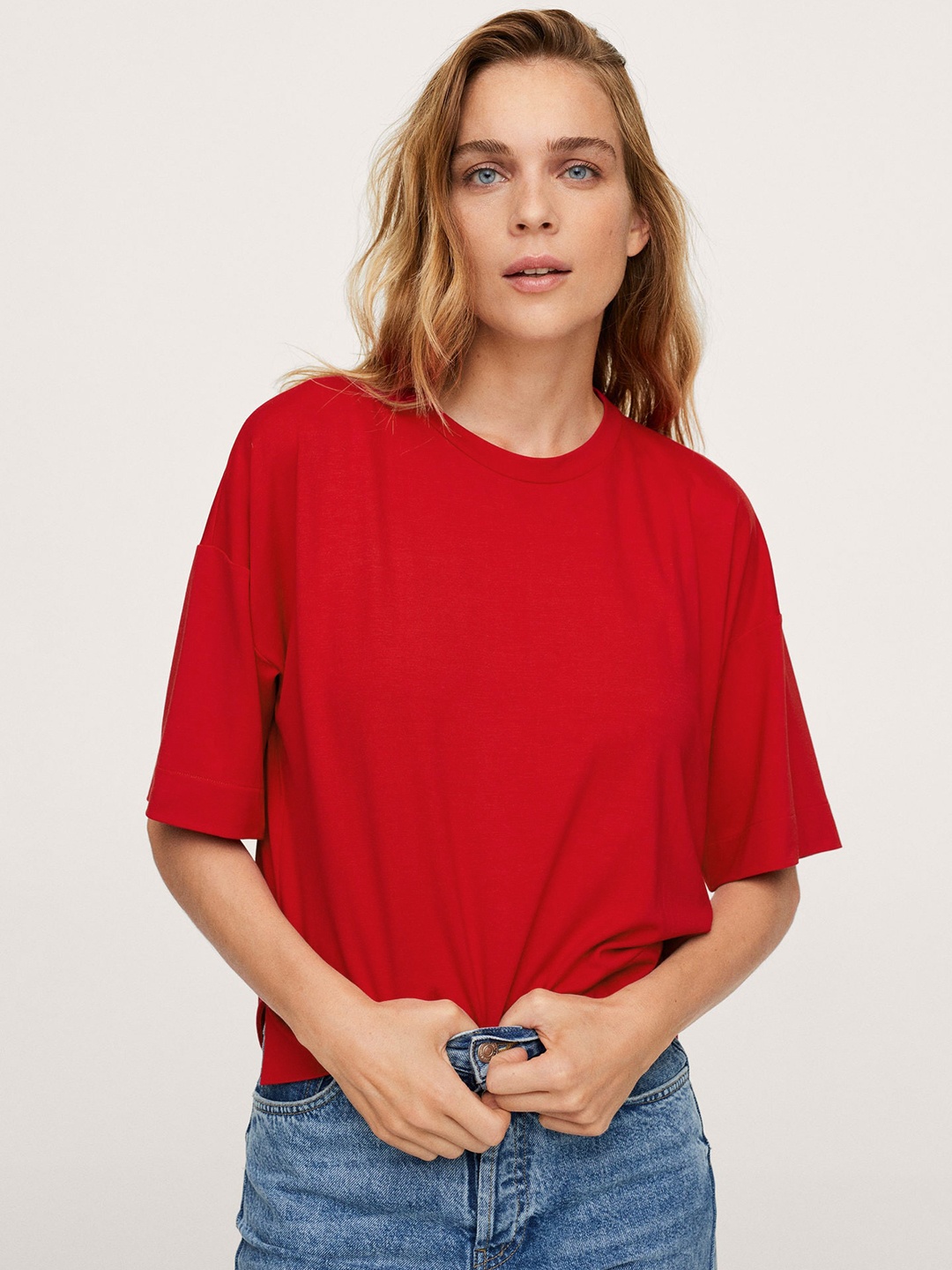 

MANGO Women Red Drop-Shoulder Sleeves T-shirt