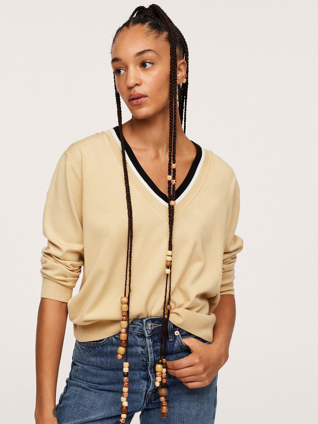 

MANGO Women Beige Contrasting V-Neck Pullover