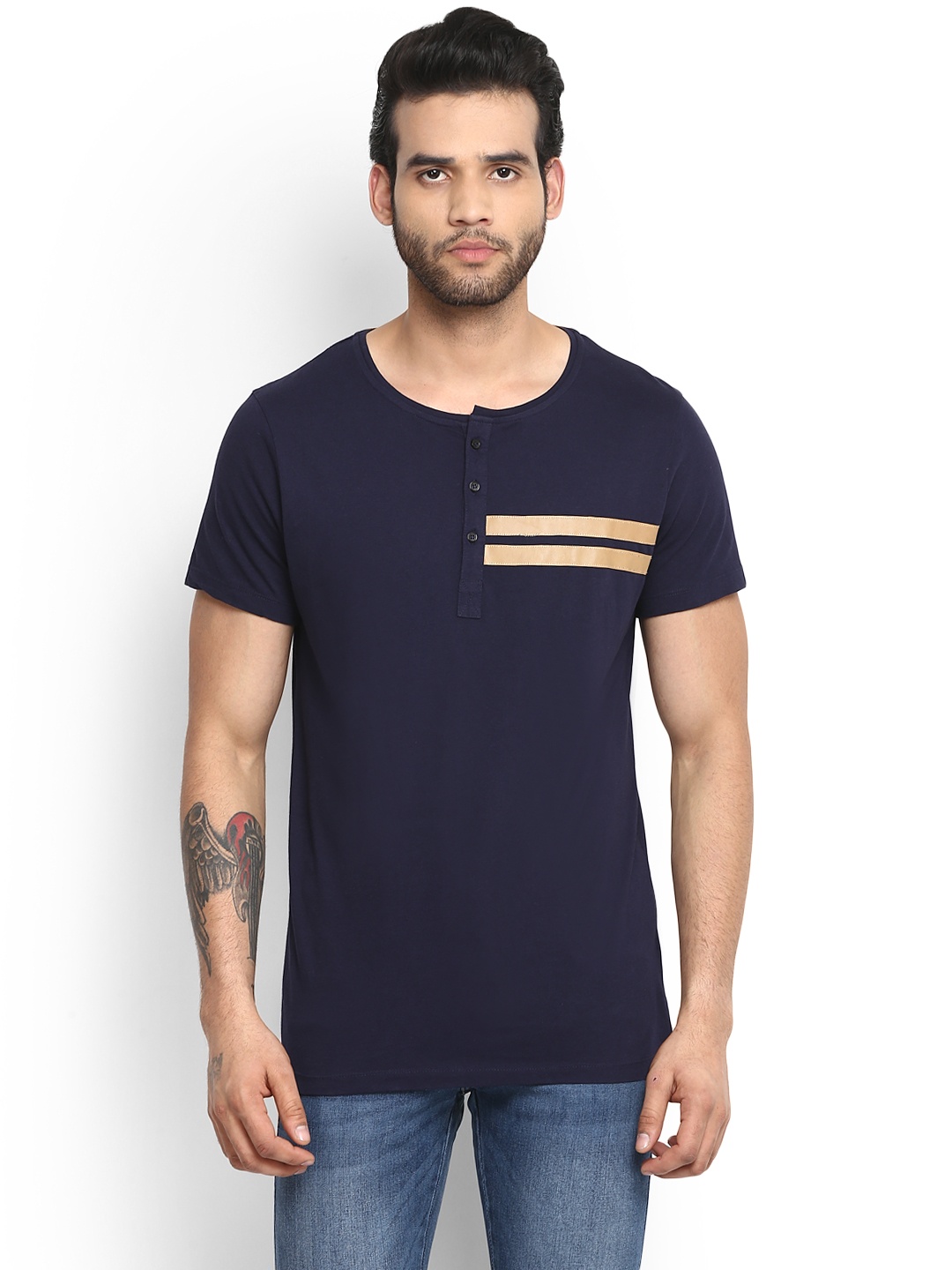 

MR BUTTON Men Navy Solid Henley Neck T-shirt, Navy blue