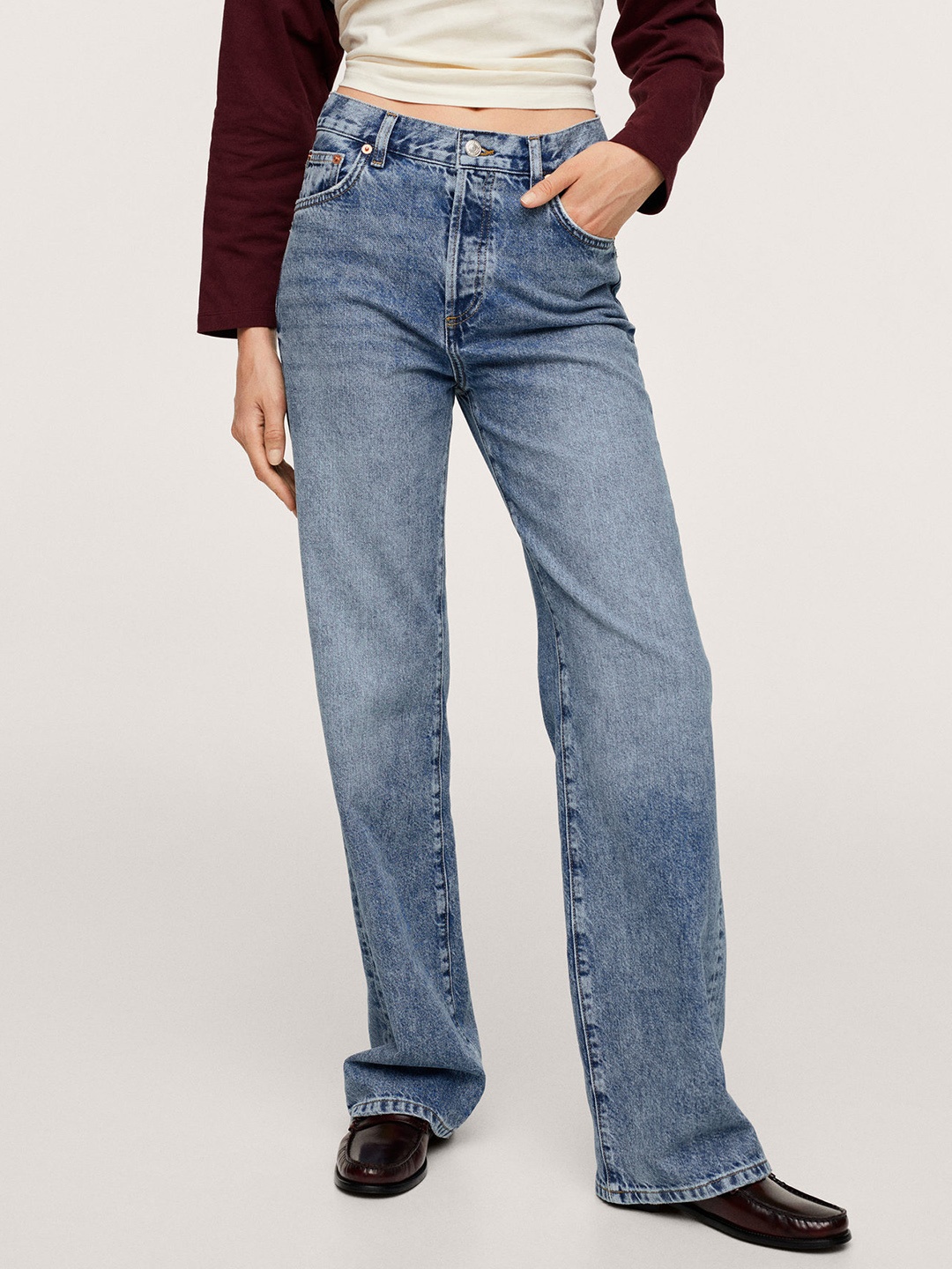 

MANGO Women Blue Wide Leg High-Rise Light Fade Pure Cotton Jeans