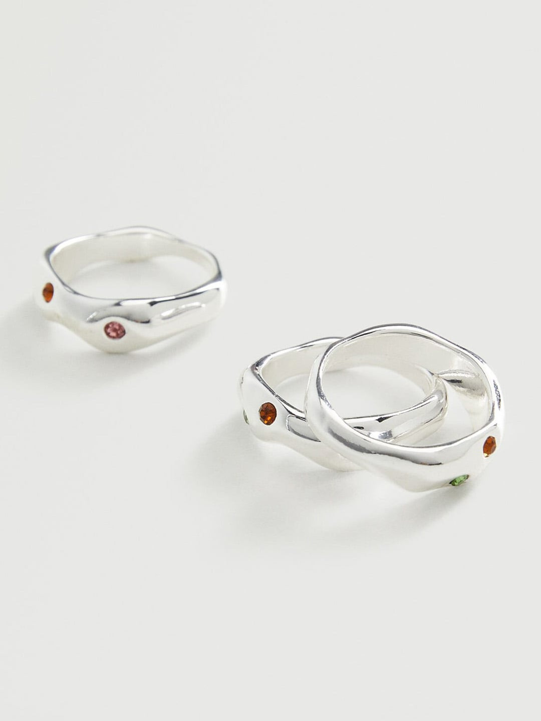 

MANGO Set of 3 Silver-Toned & Pink Stone-Studded Finger Rings