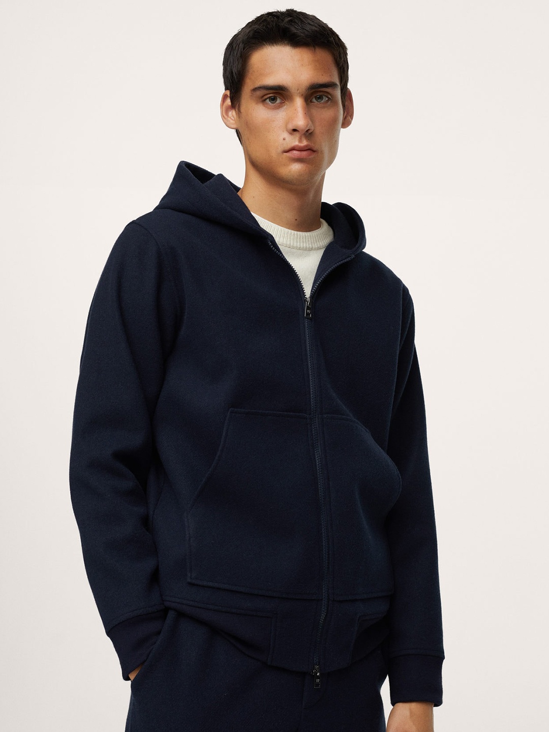 

MANGO MAN Navy Blue Solid Hooded Sweatshirt