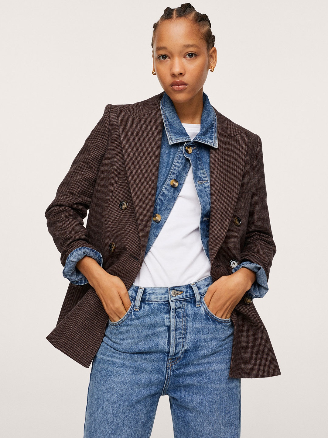 

MANGO Women Brown Checked ALE Regular-Fit Double-Breasted Causal Blazer