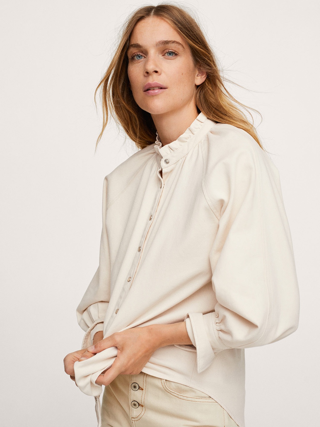 

MANGO Women Off White Casual Shirt With Puff Sleeves