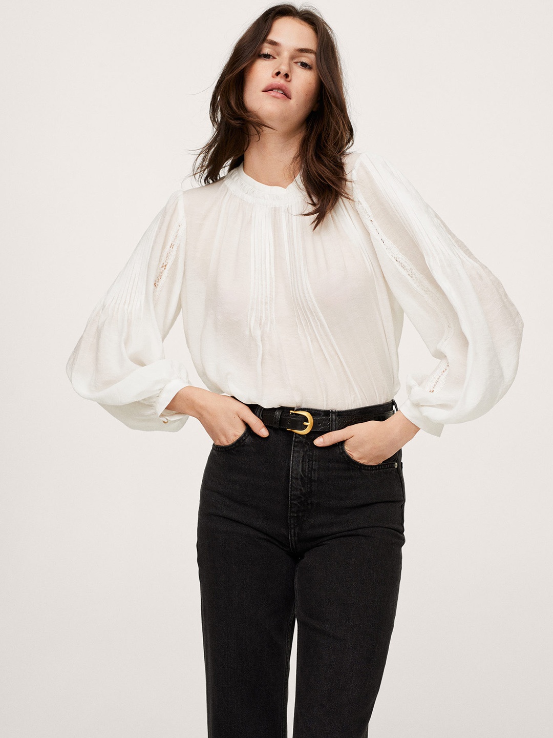 

MANGO White Puff Sleeves Top with Pintucks