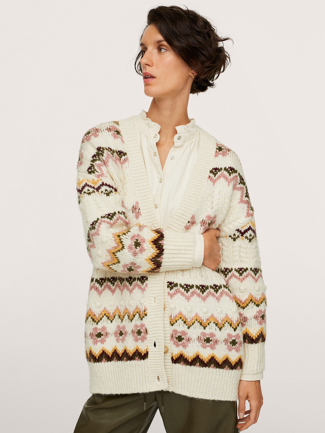 

MANGO Women White & Pink Self Design Cardigan