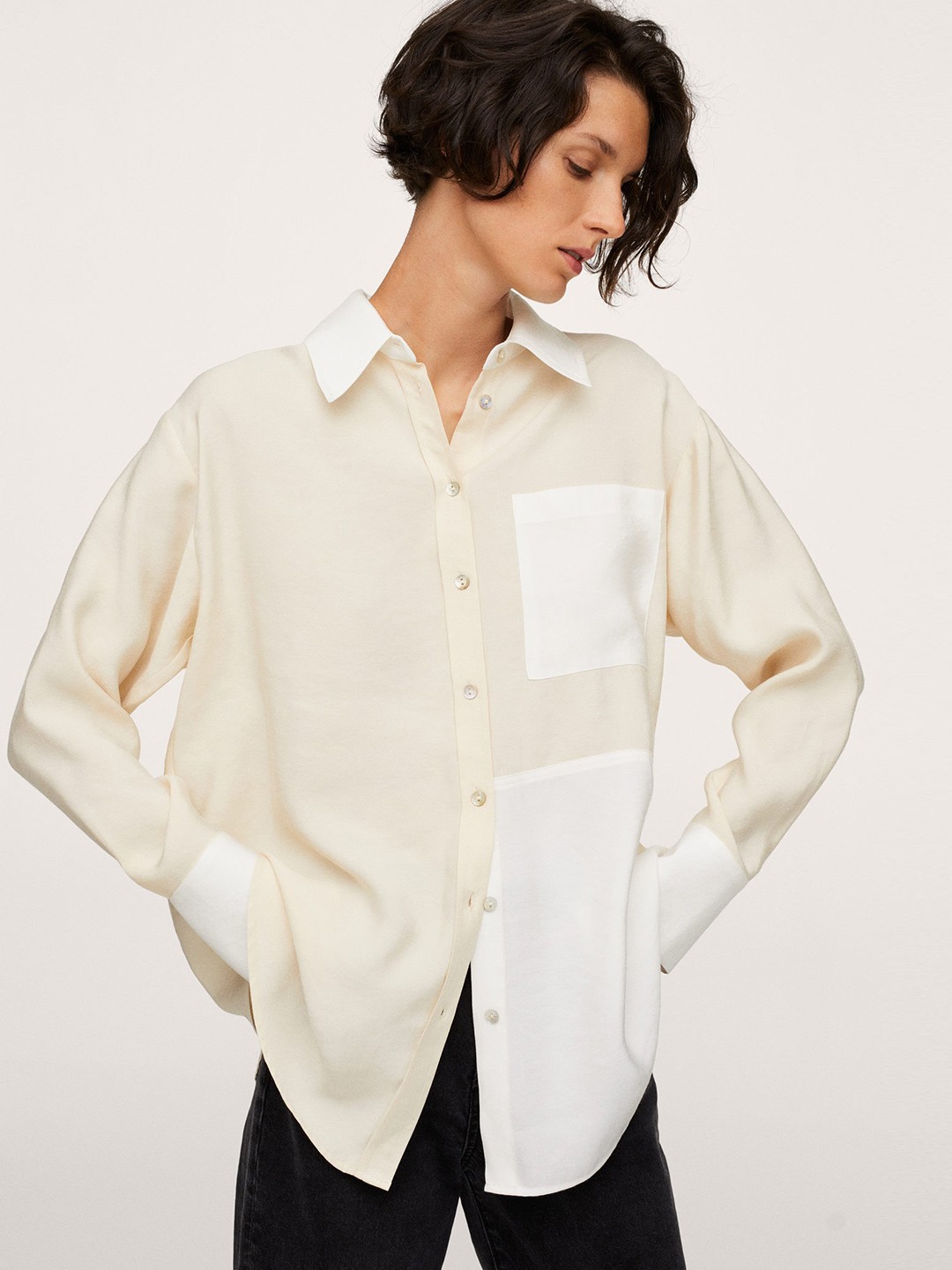 

MANGO Women Beige & White Colourblocked Longline Casual Shirt