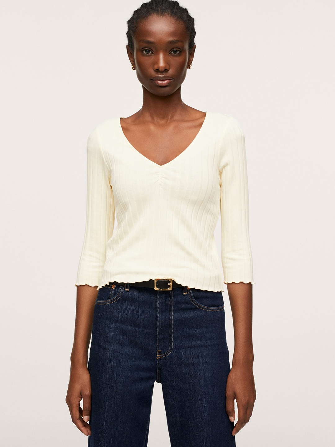 

MANGO Cream-Coloured Self Striped Top