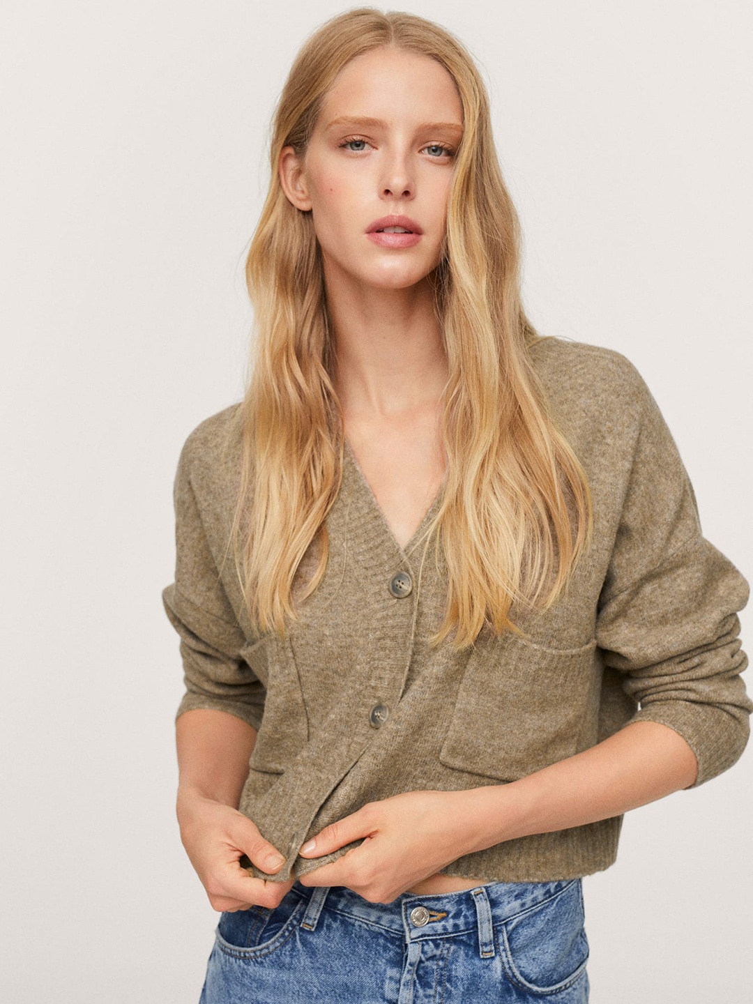 

MANGO Women Taupe Solid Crop Cardigan