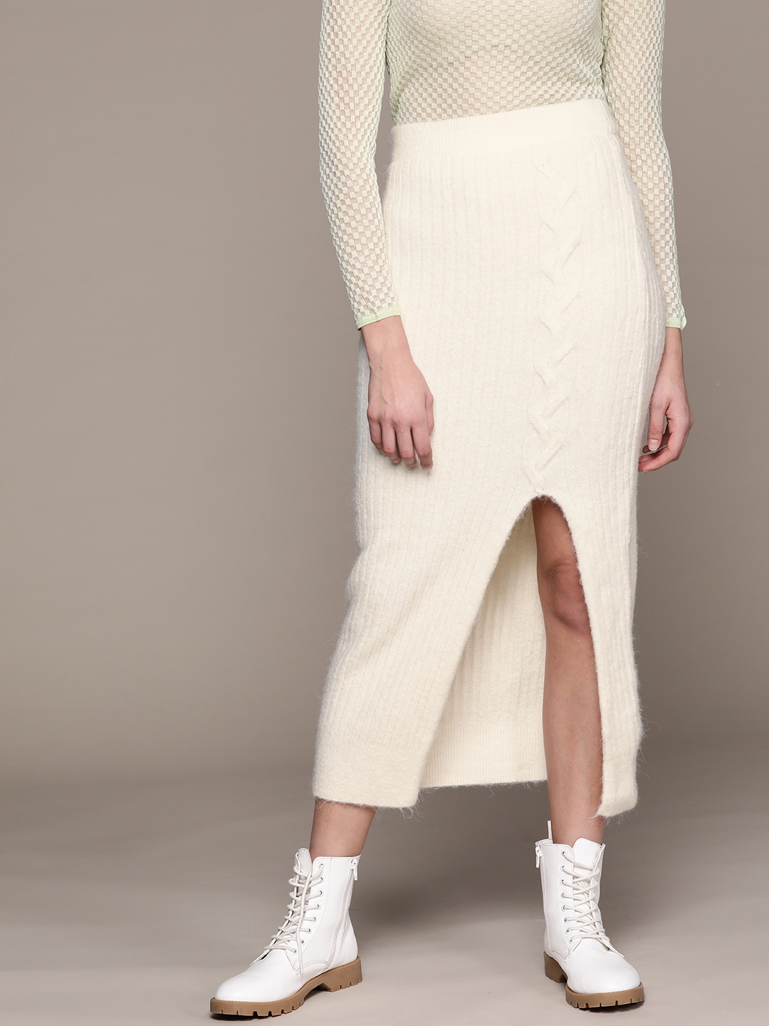 

MANGO Women Off-White Self-Striped Knitted Straight Skirt