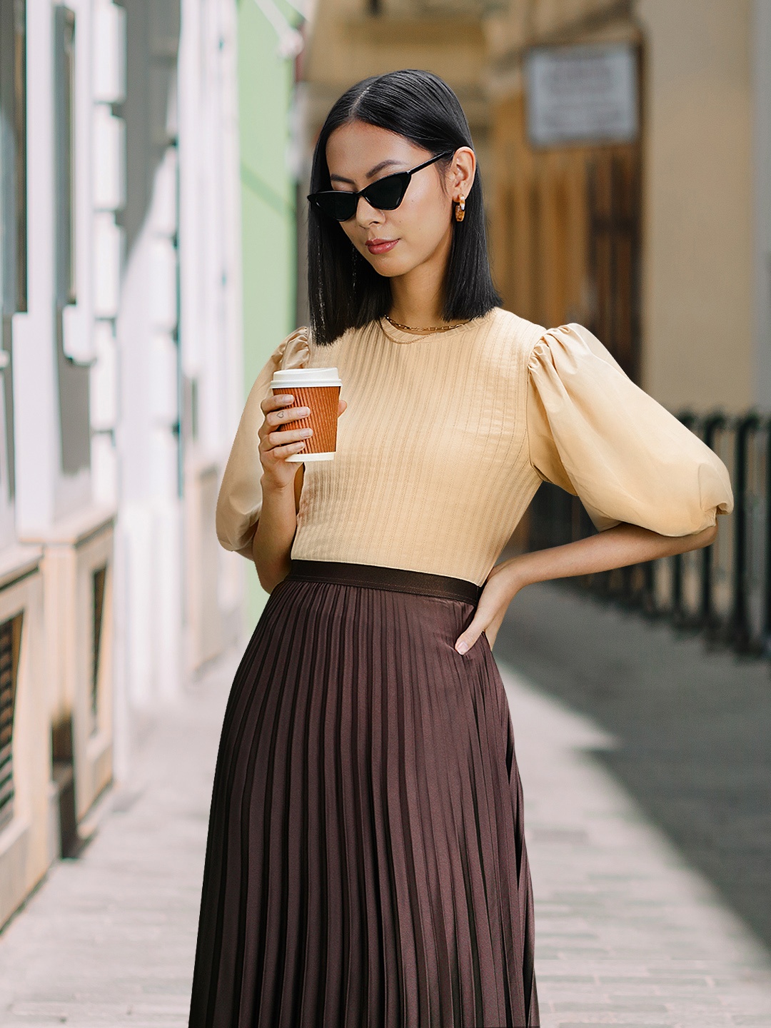 

MANGO Beige Ribbed Puff Sleeves Top