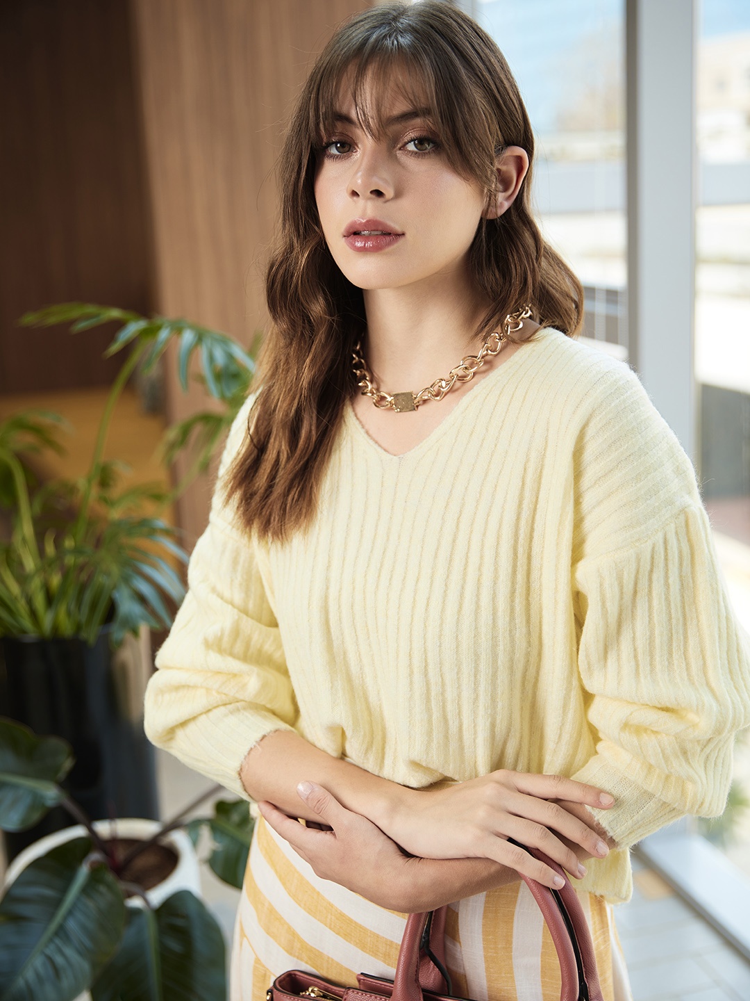 

MANGO Women Yellow Ribbed PICKY SWEATER Pullover
