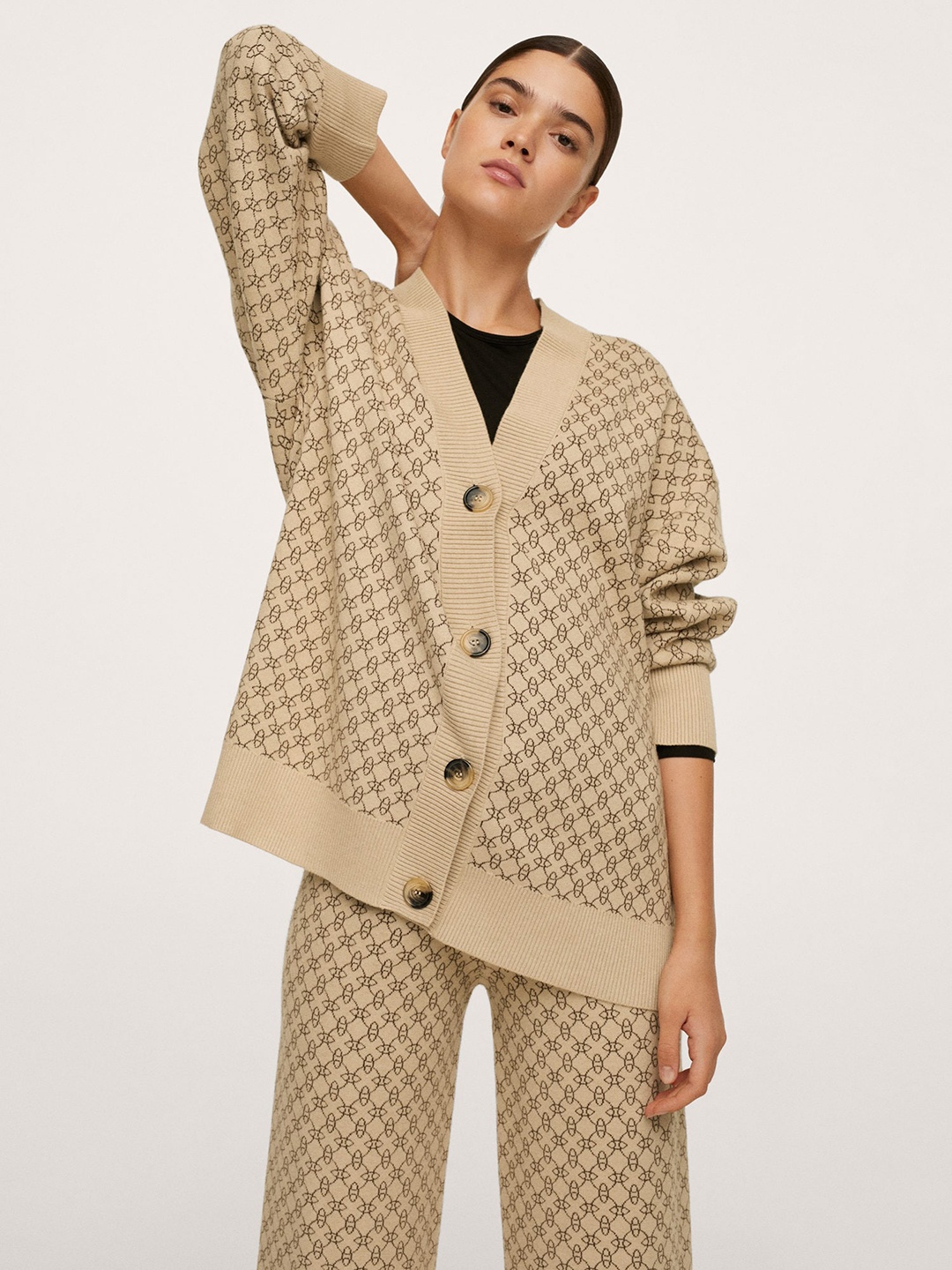 

MANGO Women Beige & Brown Self-Design Cardigan
