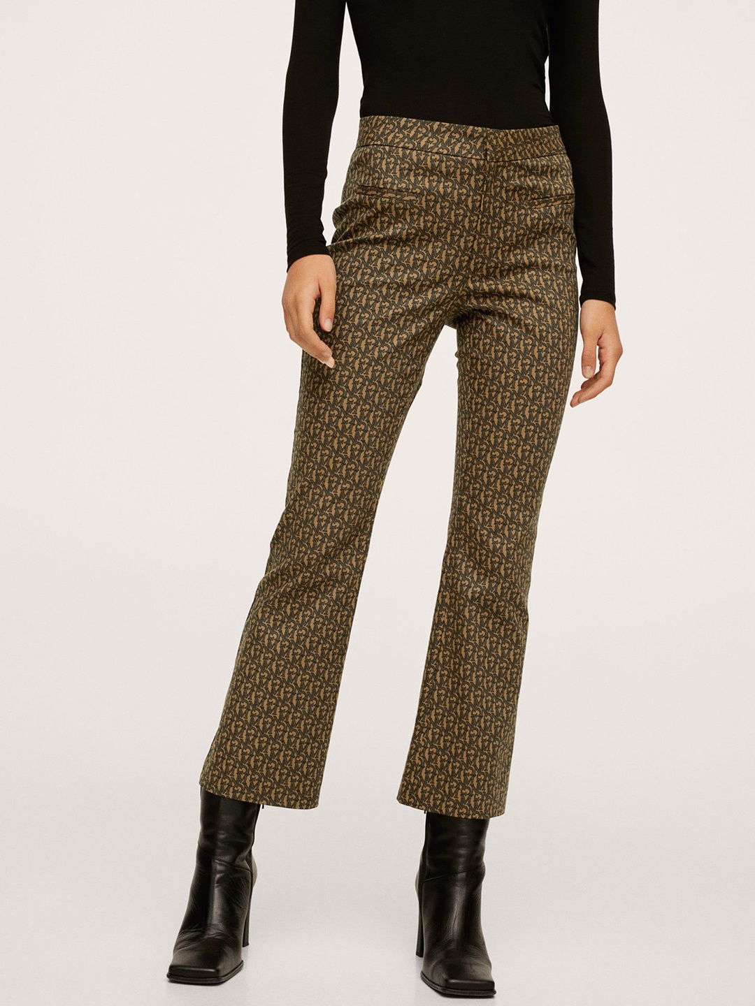 

MANGO Women Brown & Olive Green Printed Pleated Parallel Trousers