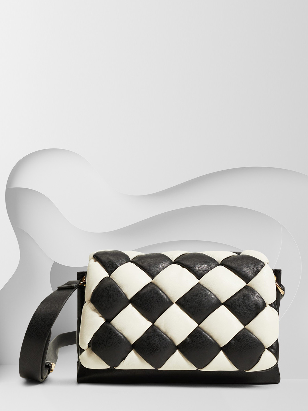 

MANGO Black & Off-White Checked Basket Woven Structured Sling Bag
