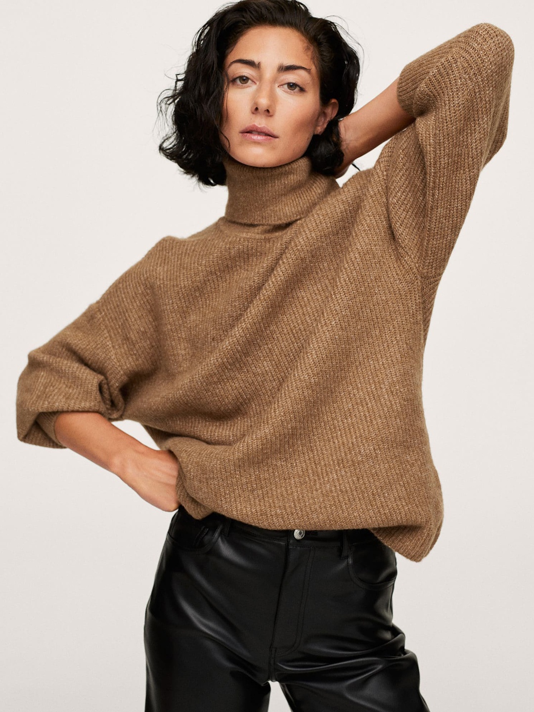 

MANGO Women Brown Self-design Turtle-Neck Pullover Sweater