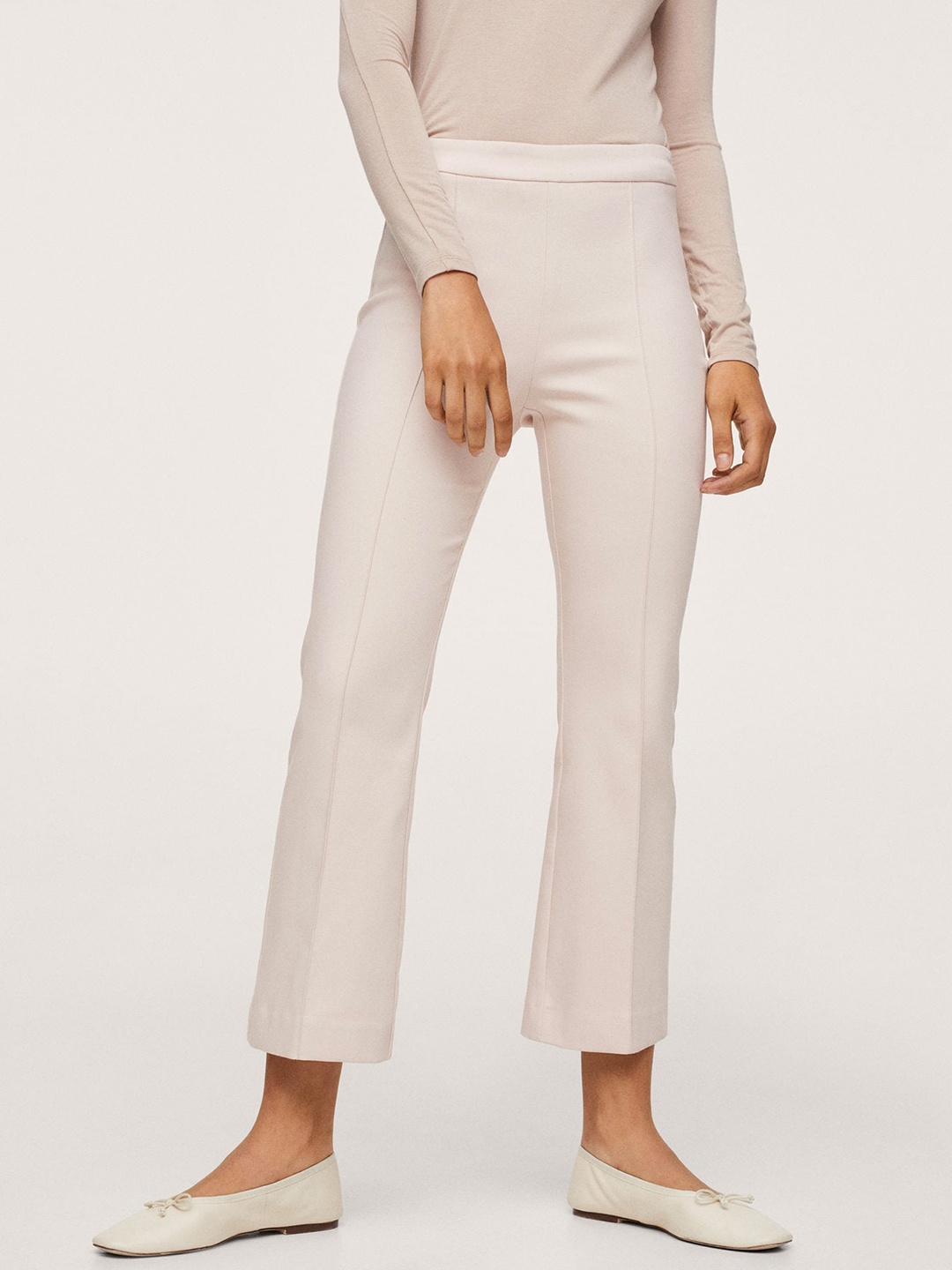 

MANGO Women Cream-Coloured Solid Flared Cropped Pleated Trousers