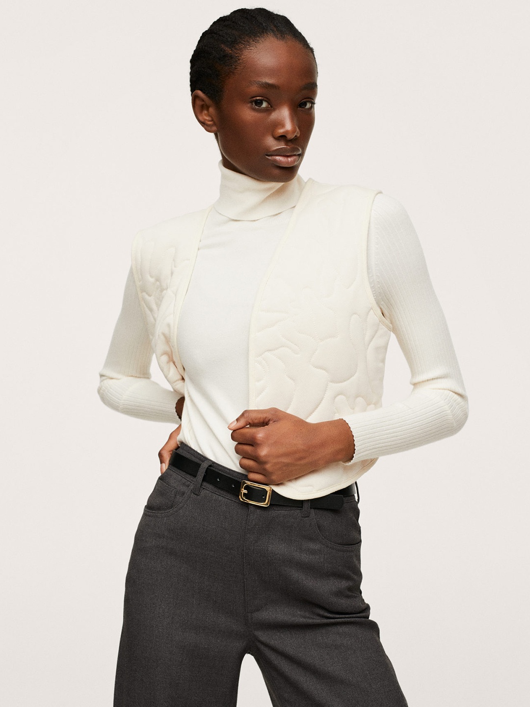

MANGO Women Cream-Coloured Self-Design Waistcoat