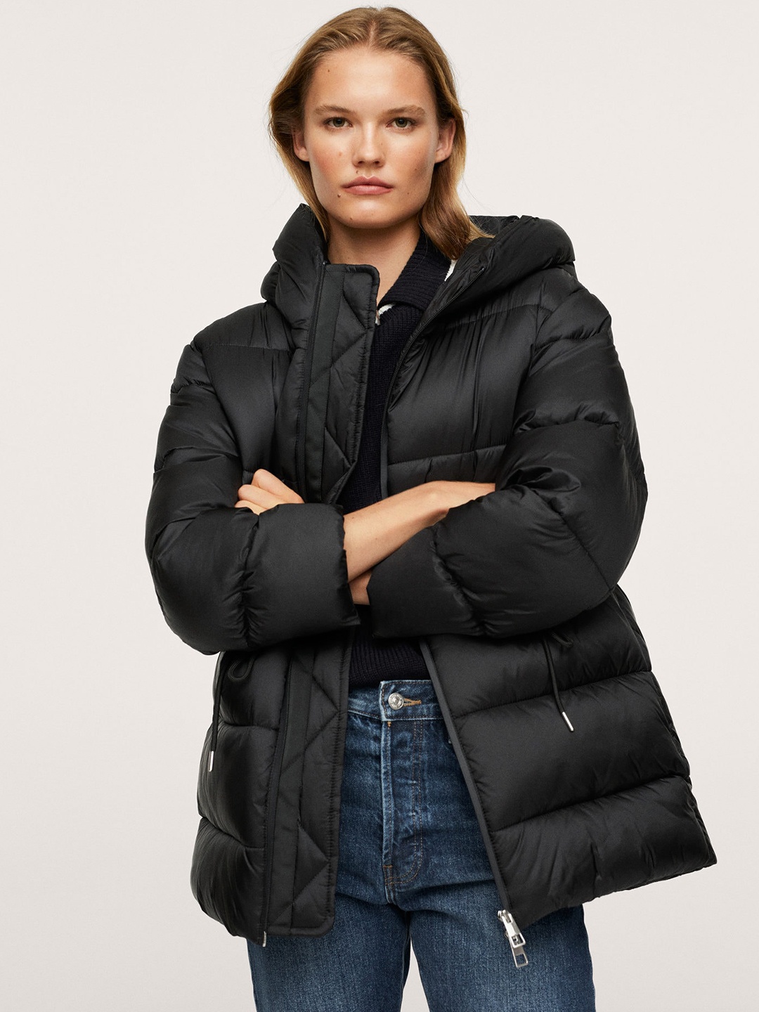 

MANGO Women Black ANORAK NEPAL Hooded Padded Jacket