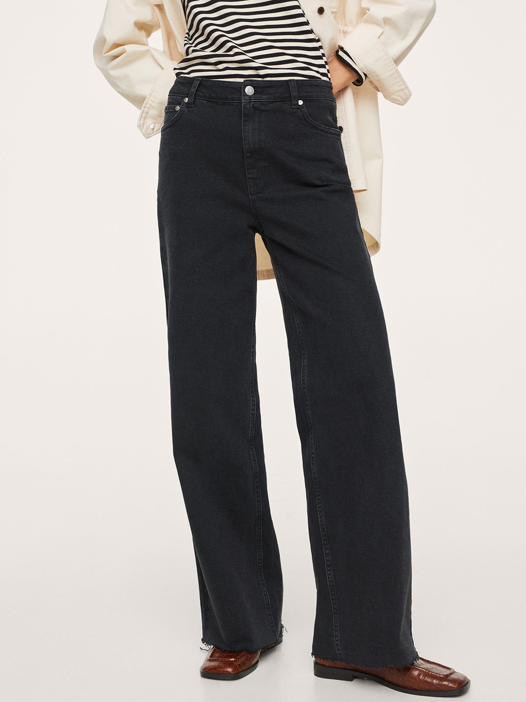 

MANGO Women Black Wide Leg High-Rise Stretchable Jeans