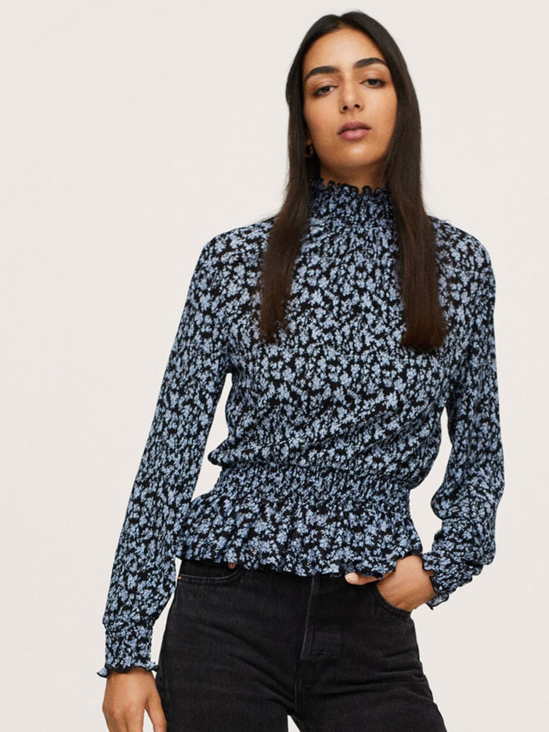 

MANGO Navy Blue Floral Mandarin Collar Smocked Cinched Waist Top