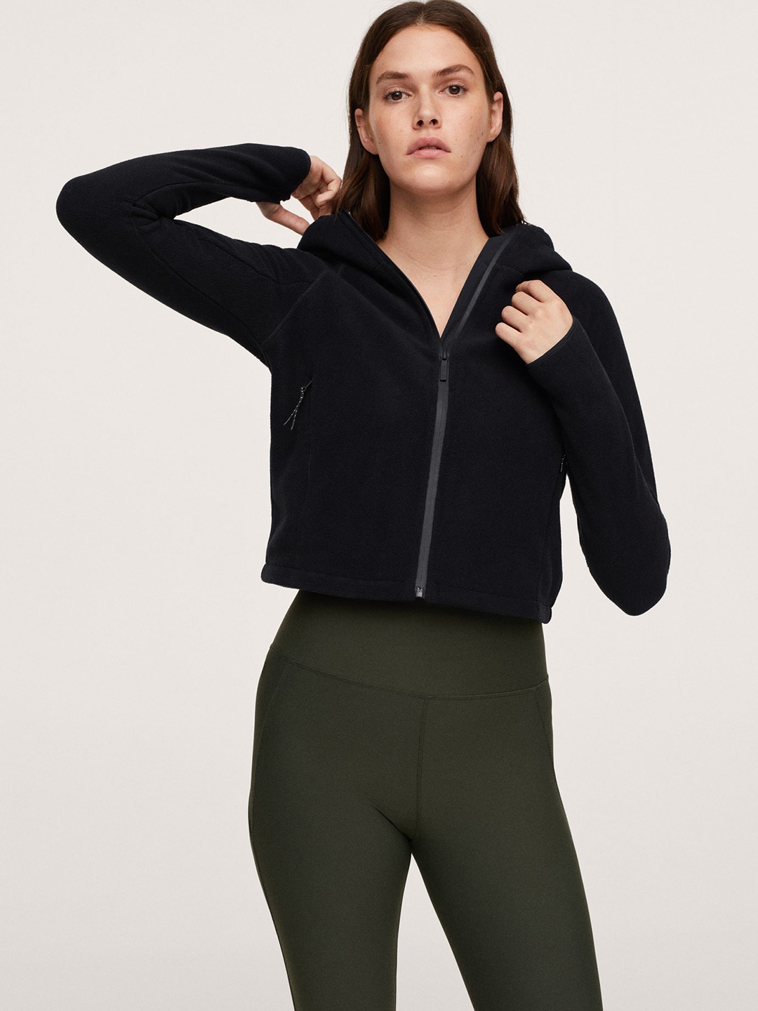 

MANGO Women Black Solid Hooded Crop Front-Open Sweater