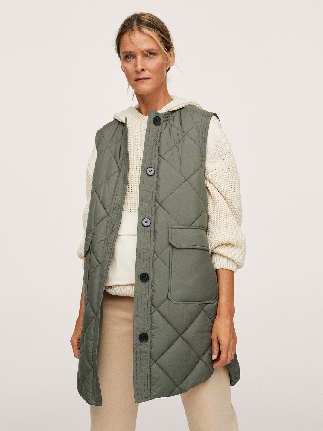 

MANGO Women Olive Green MANA Quilted Padded Regular Fit Longline Waistcoat