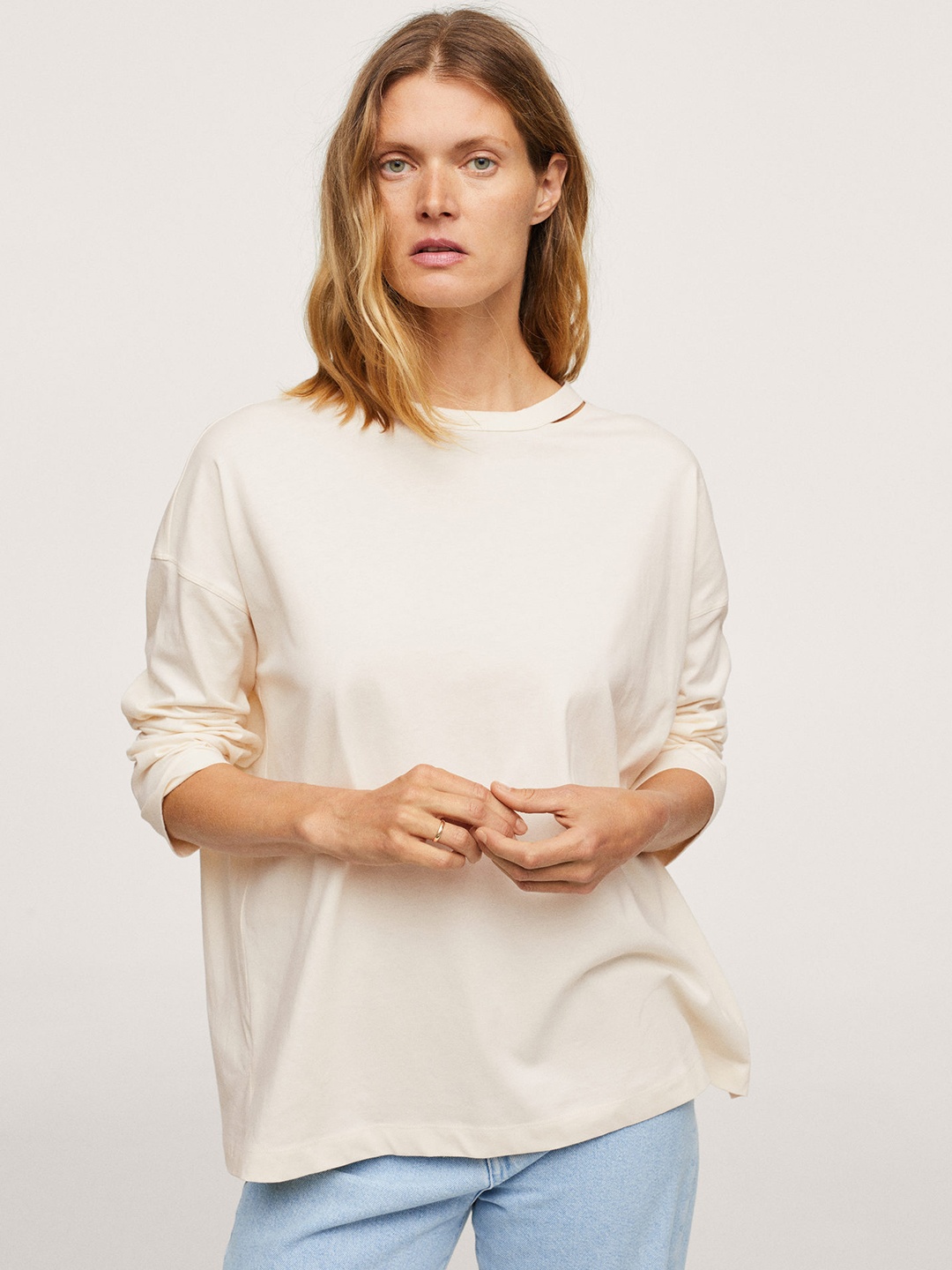 

MANGO Women Cream-Coloured Solid Cotton Drop-Shoulder Sleeves Cut Outs T-shirt